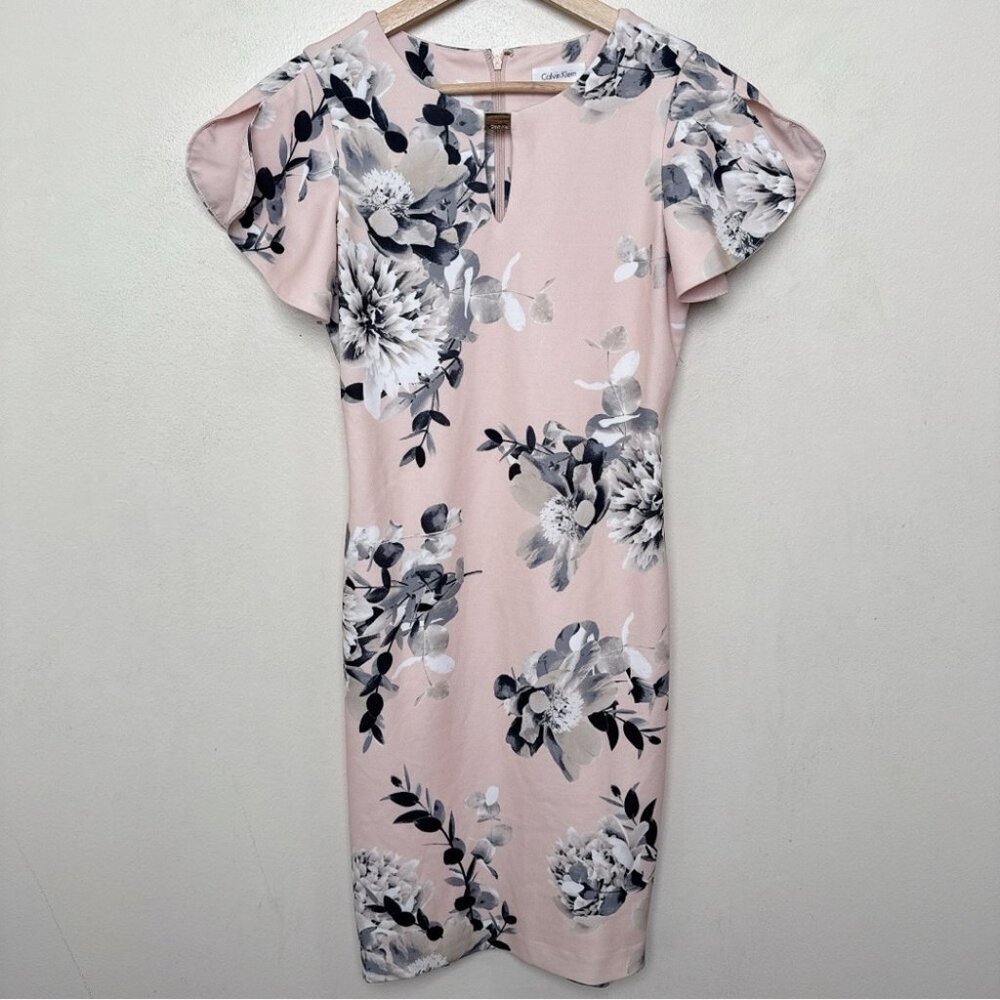 Calvin Klein Womens 2 Floral Ruffle Sleeve Sheath Dress Pink Color - Picture 2 of 12